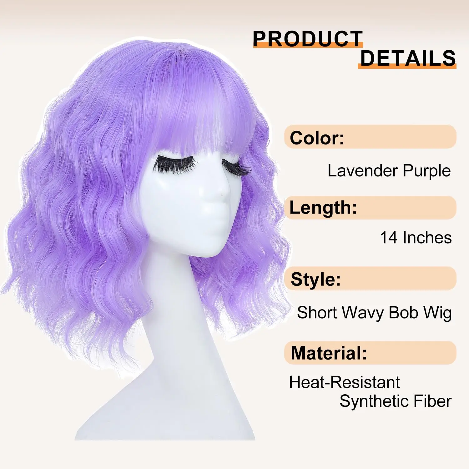 14 Inch Lavender Purple Wavy Bob Wig with Bangs