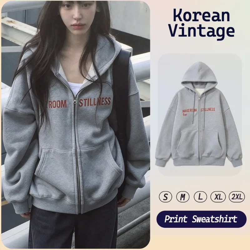 Women Oversized Zip Up Hoodie, Vintage Red Letter Print Long Sleeve Hooded Sweatshirt Jacket, Casual Korean Streetwear Outerwear