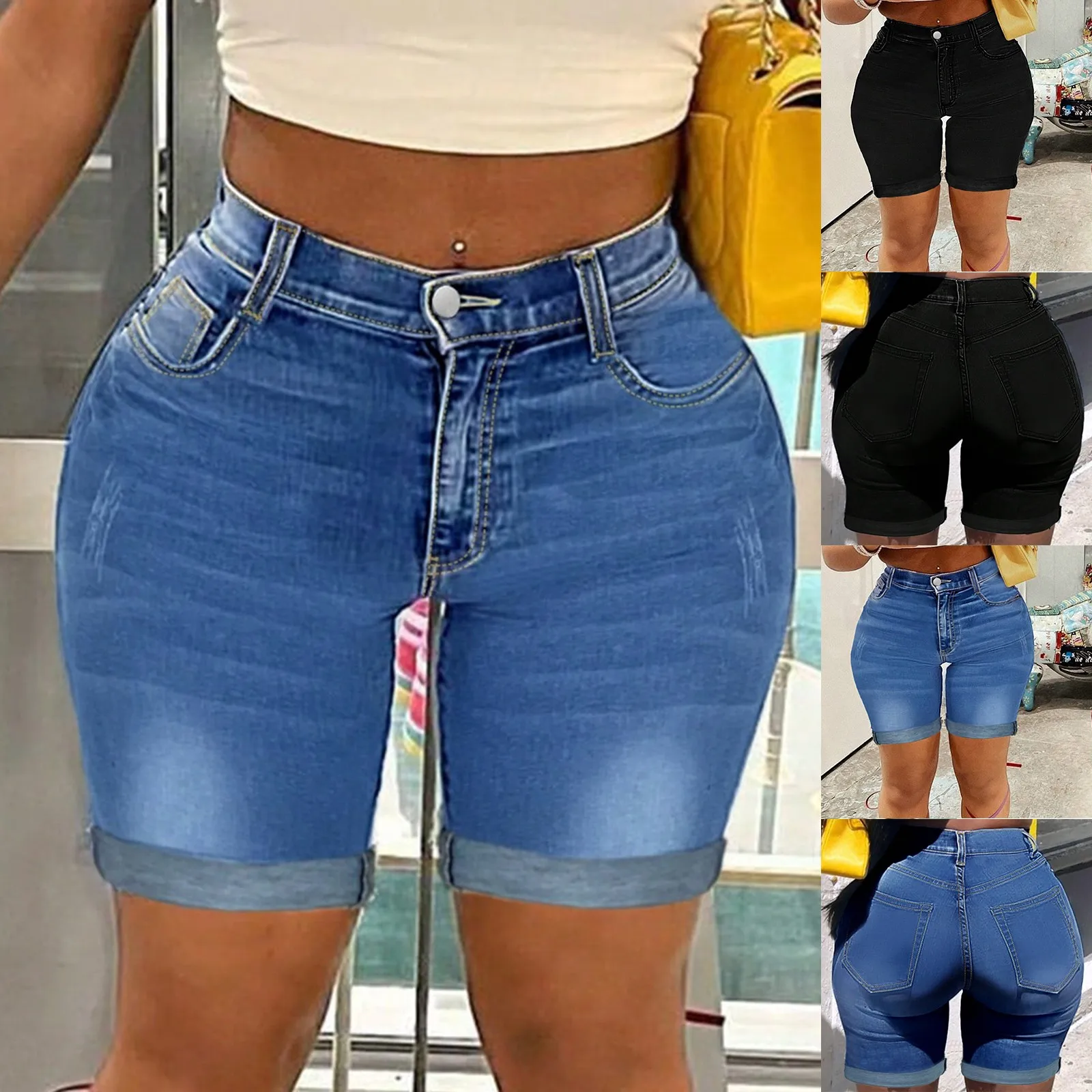 Dżinsy Damskie Vintage Szorty Do Kolan Elastyczne Z Wysokim Stanem Sprane Postarzane Kieszenie Denim Proste Krótkie Spodnie Streetwear