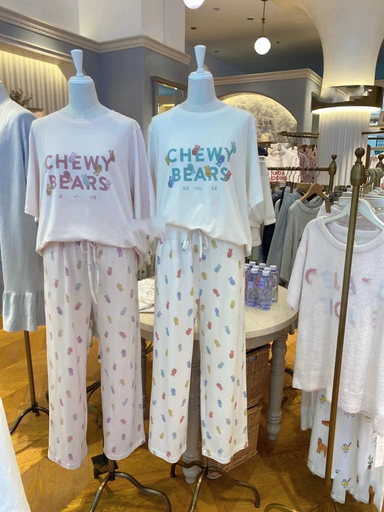 

Summer Lightweight Breathable Pure Cotton Modal Women's Spwear Bear Cartoon Print Home Clothes Loose Two-Piece Set
