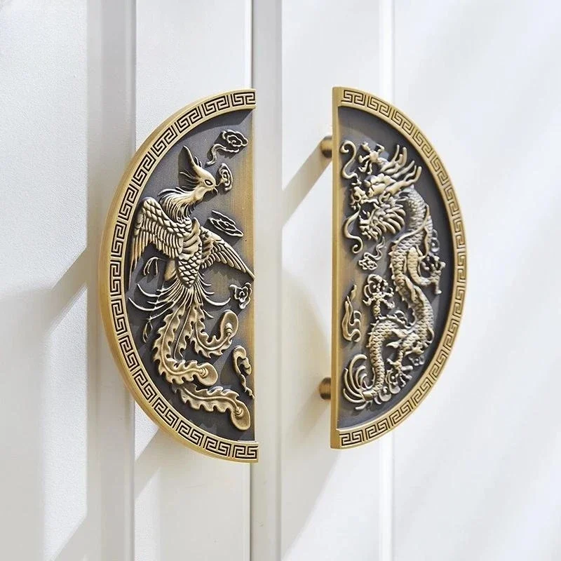 

Brass New Chinese Xiangyun Dragon Phoenix Cabinet Door Handle Wardrobe Drawer Round Cabinet Kitchen Handles