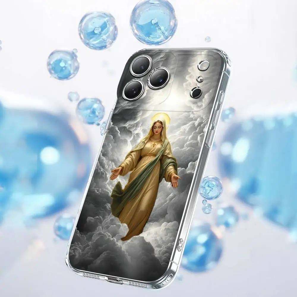 聖母マリアとイエス・キリストのスマホケース iPhone 17、16、15、14、13、12、11 Plus、Pro、Max、Plus、E、SE4、Air、Mini用 透明