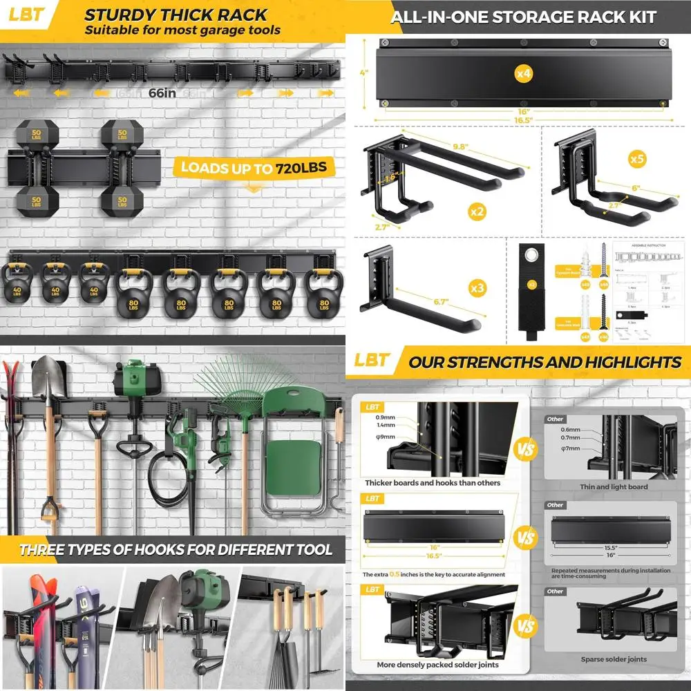 

66 Heavy-Duty Metal Garage Storage Rack - 720lbs Capacity, Adjustable Hooks for Garden Tools, Rust-Resistant Wall Mount Organize