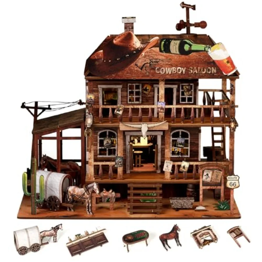 

Cowboy Saloon Miniature Kit DIY 3D Wooden Puzzle House Decor for Adults Teens Booknook Bookshelf Insert with LED Light Unique W