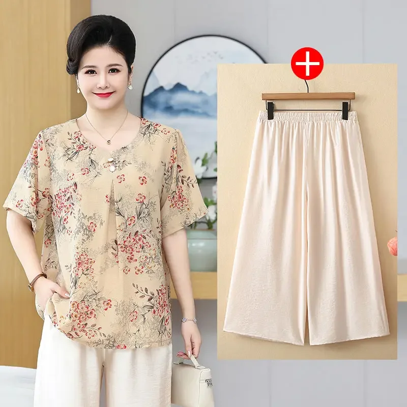 

Dress Summertime Two-piece Suit Fatten Up Old People Short Sleeve T-shirt Grandma Clothes Extra Large Size Women's Dress Mommy