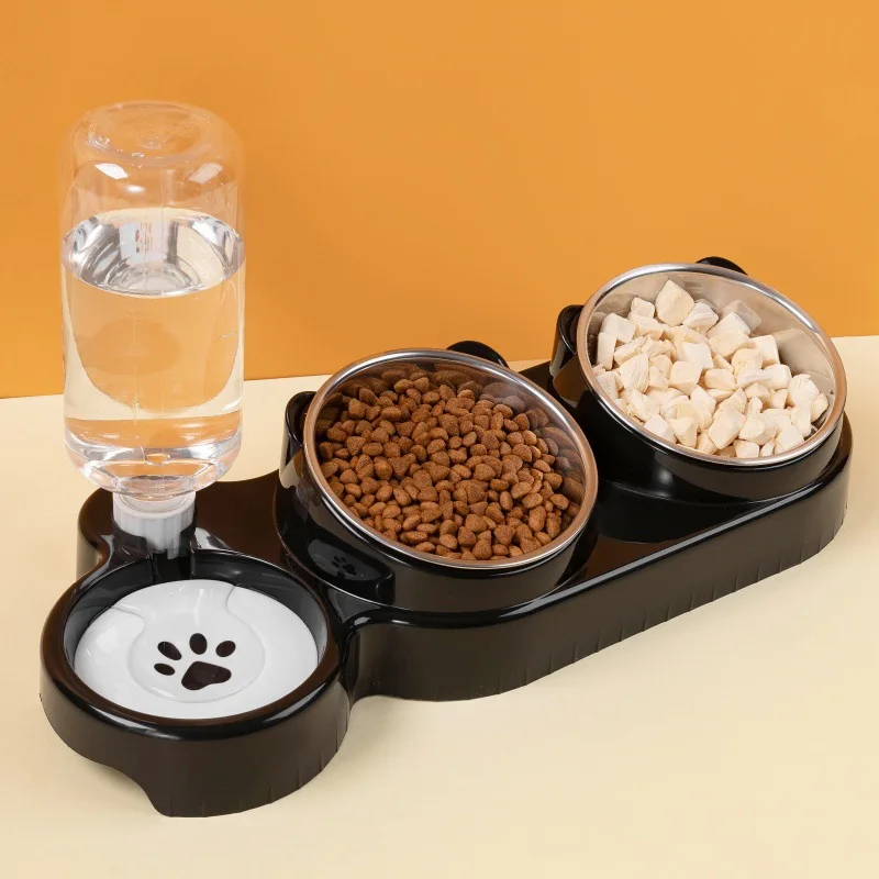 Bol incliné pour chat, distributeur d'eau automatique, gamelle pour chien, double bol en acier inoxydable, détachable, 3-en-1, pour eau et nourriture