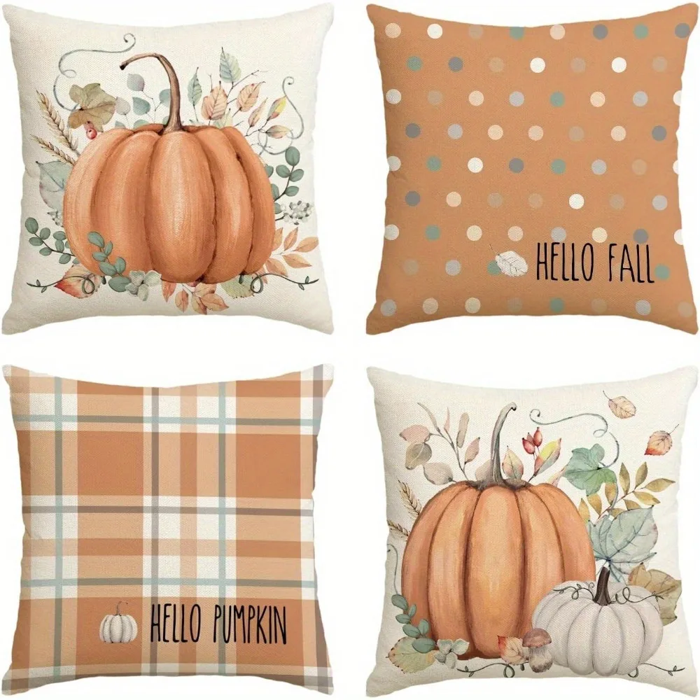 Hello Fall Hello Pumpkin Throw Pillow Covers, Autumn Thanksgiving Harvest Orange Eucalyptus Decorations for Sofa Couch Set of 4