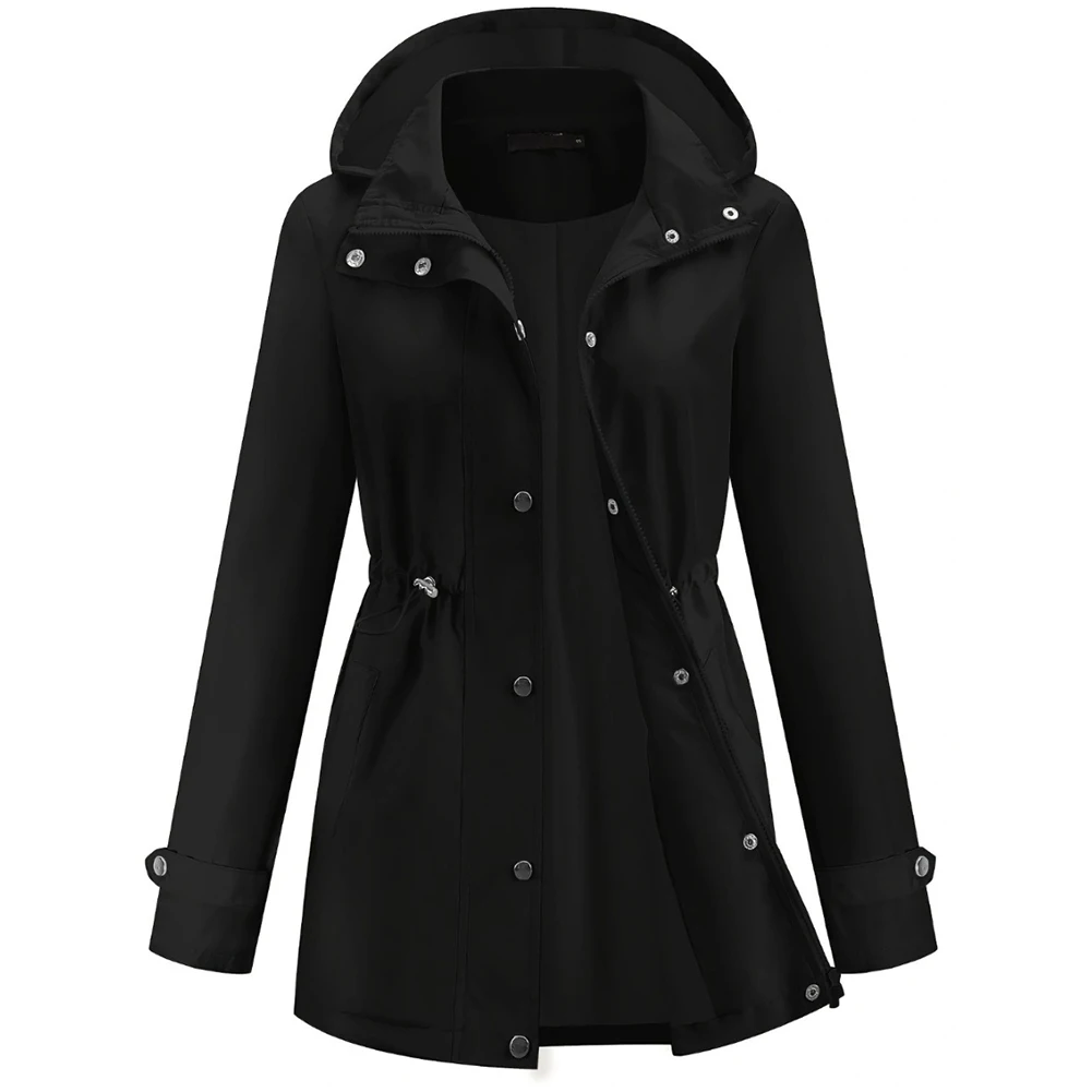 Womens Regular Length Solid Trench Coat Hooded Windproof with Stand Collar Snap Buttons and Drawstring Waist Feature