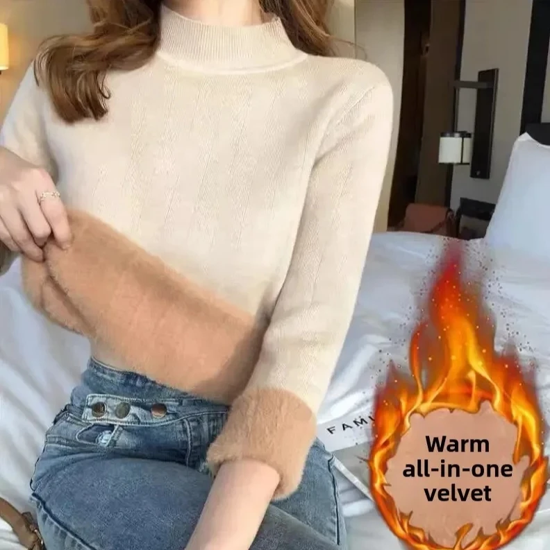 

Женский утолщенный флисовый вязаный свитер, мягкий базовый слой с полувысоким воротником и встроенной бархатной внутренней частью, уютная зимне-осенняя рубашка