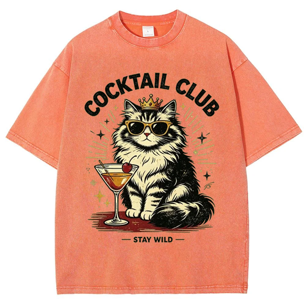 Women Men Women Cocktail Club Stay Wild Retro Cat Sunglasses Crown Graphic Acid Wash T Shirt ﻿