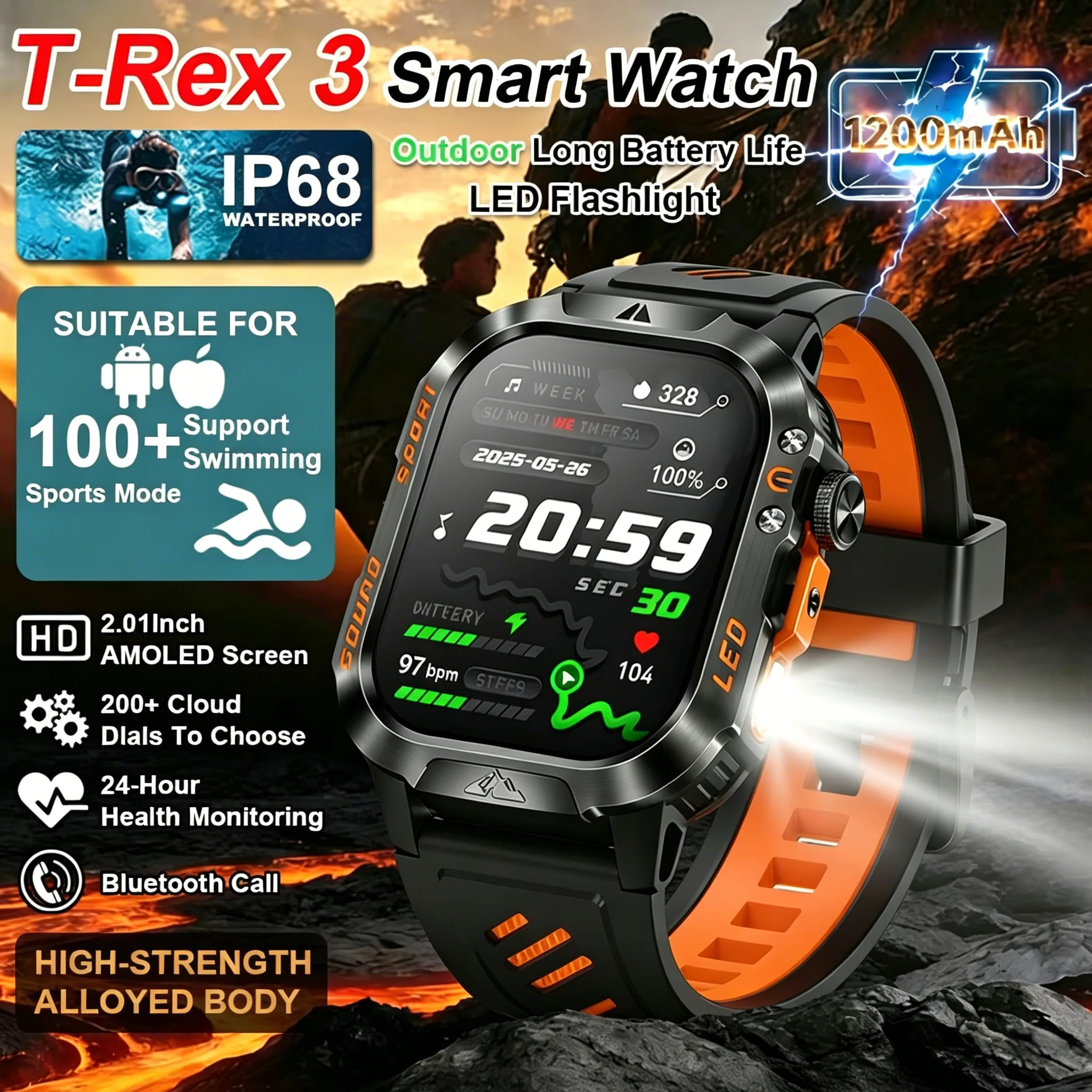 

Новые смарт-часы T Rex 3 для мужчин 2026 года с HD-дисплеем 2,01 дюйма, Bluetooth-вызовами, LED-фонариком, множеством спортивных режимов, водонепроницаемые