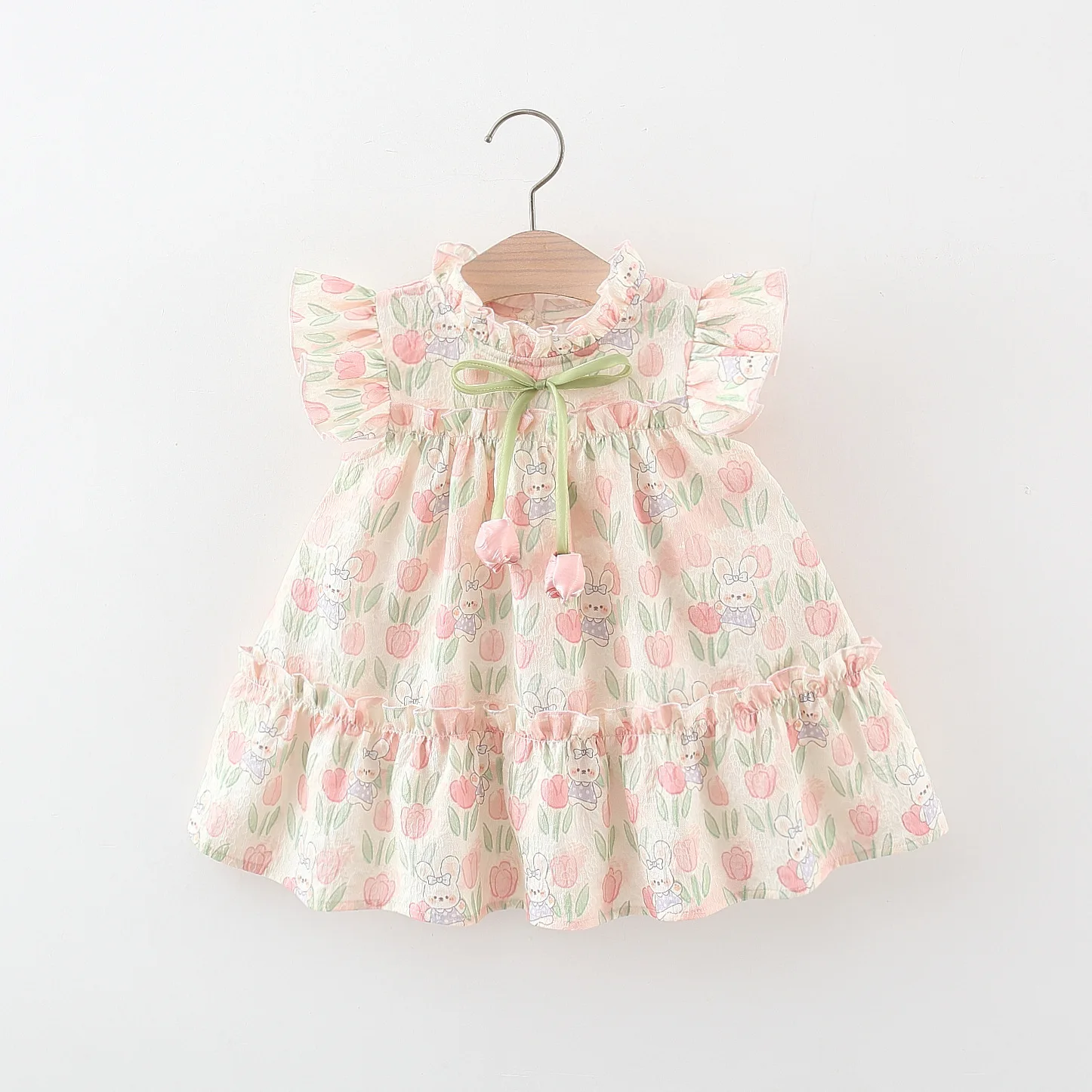 Summer Girl Baby Dress Girl Cartoon Rabbit Flower Print Tie Bow Flower Small Flying Sleeves Beach Dress