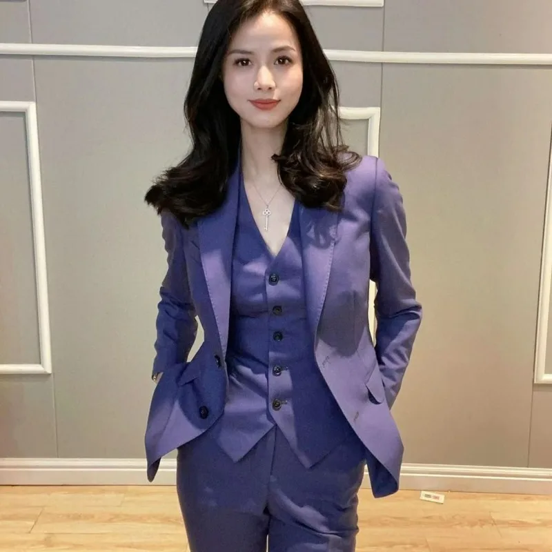 

Spring New Style Suit Set for Women Fashionable and Stylish Goddess-like Korean-style Lace-up Blue High-end Look Three-piece