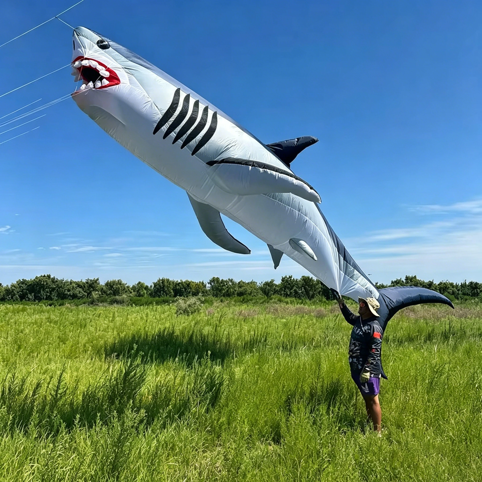 6m Shark Kite|Inflatable Large Ripstop Nylon Soft Kite with Line Set, High-Quality Outdoor Display Kite for Adults