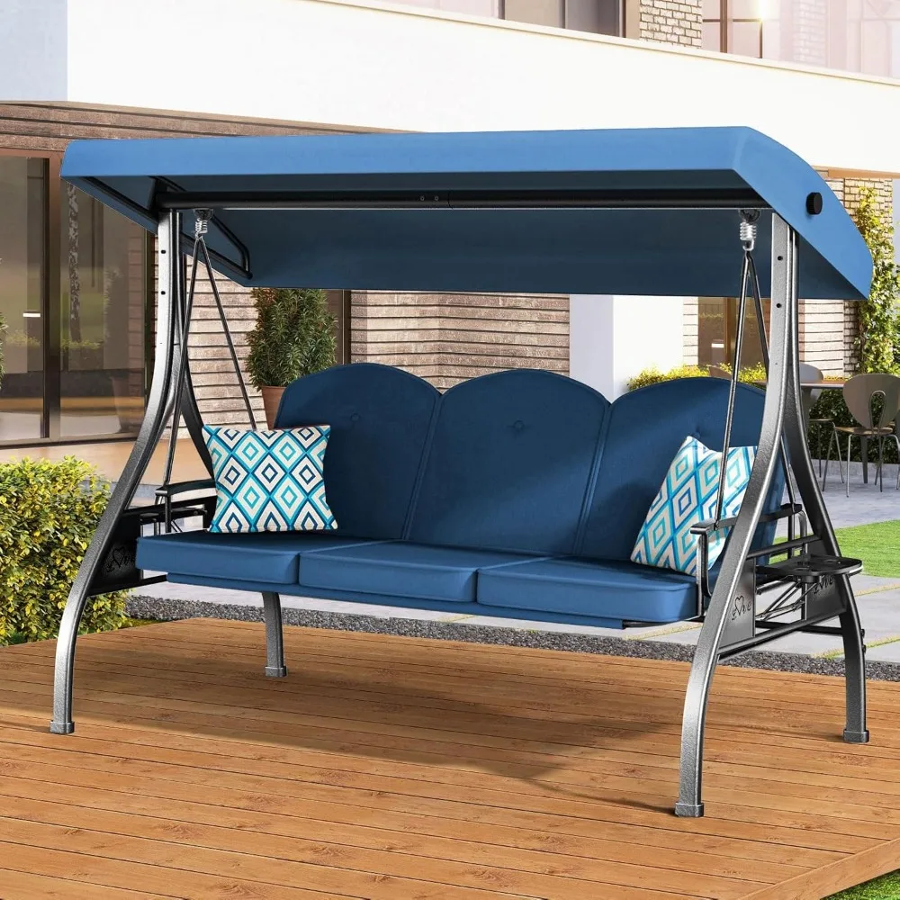 

3 Seat Outdoor Porch Patio Swing with Stand 800lbs 2-in-1 Convertible Swing Bed with Adjustable Canopy & Removable Cushion for Y