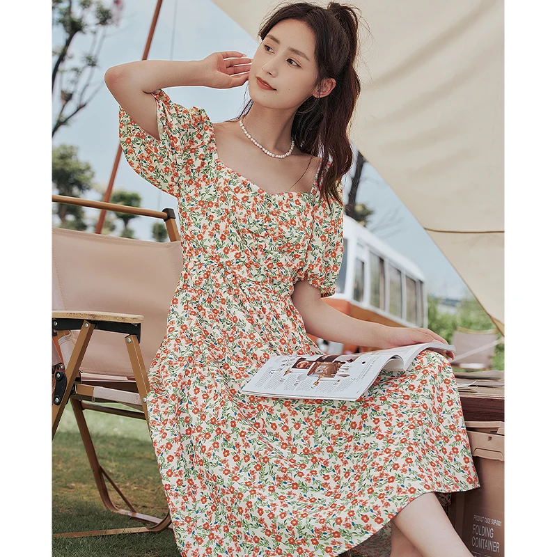 Toyouth Women Dress 2023 Summer Puff Sleeves Square Neck A-shaped Chest Pleats Floral Print French Elegant Holiday Party Skirt