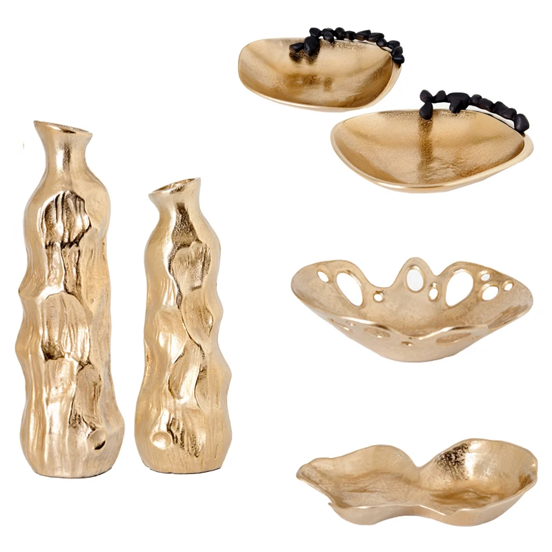 

Aluminum retro gold gravure metal vase stone stacking decorative storage fruit plate
