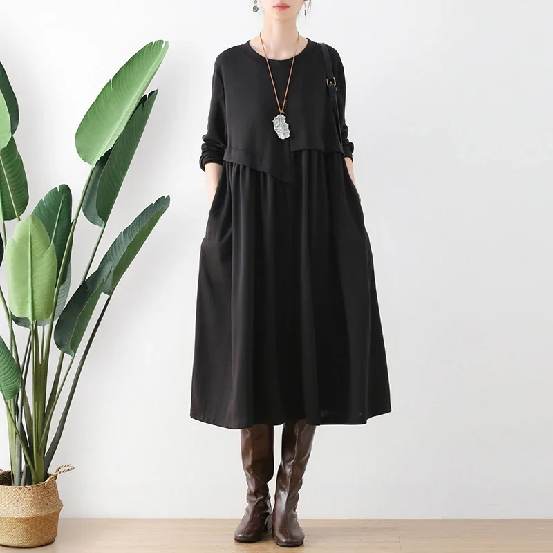 

Black Vintage Midi Cotton Dress 2024 New Fall Elegant Women Dresses O Neck Long Sleeve Oversized Loose Casual Basic Female Robe