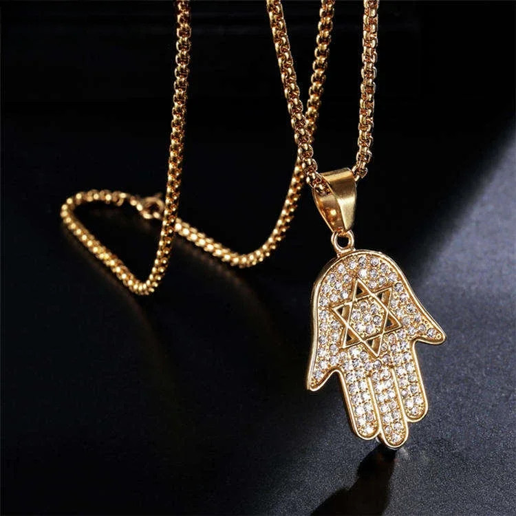 Tianyu gems customized jewelry hand pendant mens 14k 18k pure gold chains moissanite diamond  hop hamsa necklace