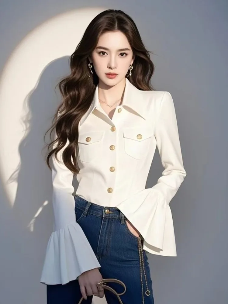 

Woman Blouses Flared Sleeve Beautiful Female Tops Shirts Spring Fine Chiffon Shirt Luxury Women's Blouse