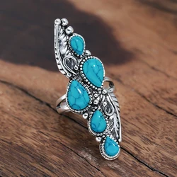 Wbmqda Vintage Boho Natural Stone Rings for Women Ethnic Style Tibetan Silver Carved Pattern Wedding Party Jewelry Gift 2023 New