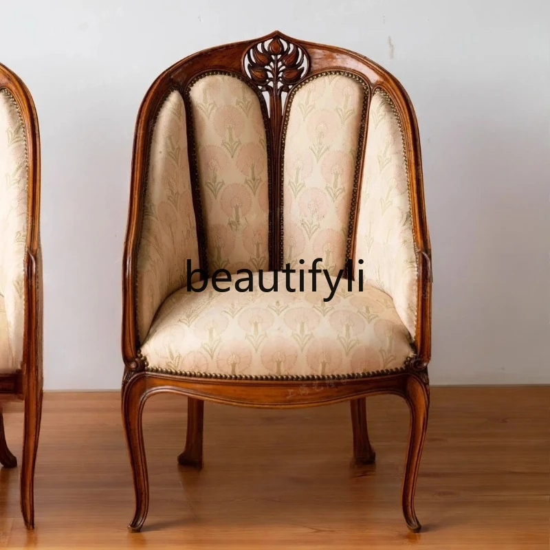

American Style Solid Wood Sofa Leisure Chair Balcony Chair Single Vintage Distressed Carved Tiger Chair Rattan Weaving
