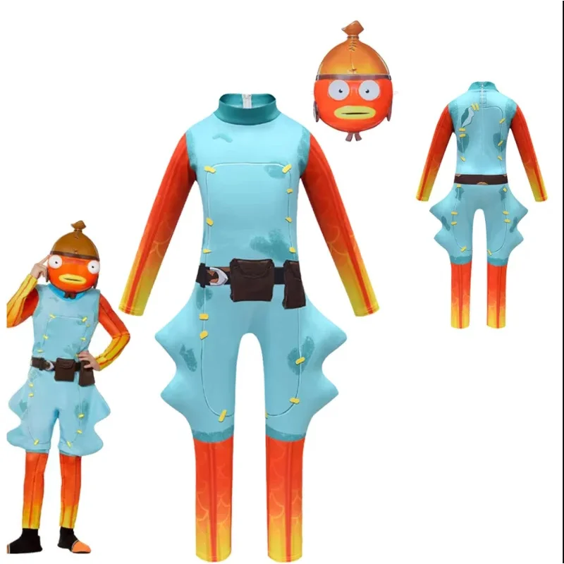 

Kids Halloween Fish Stick Cosplay Costume for Teen Boy Girls Jumpsuit Boss Christmas Party Mask+Playsuit Child Bodysuit Boutique