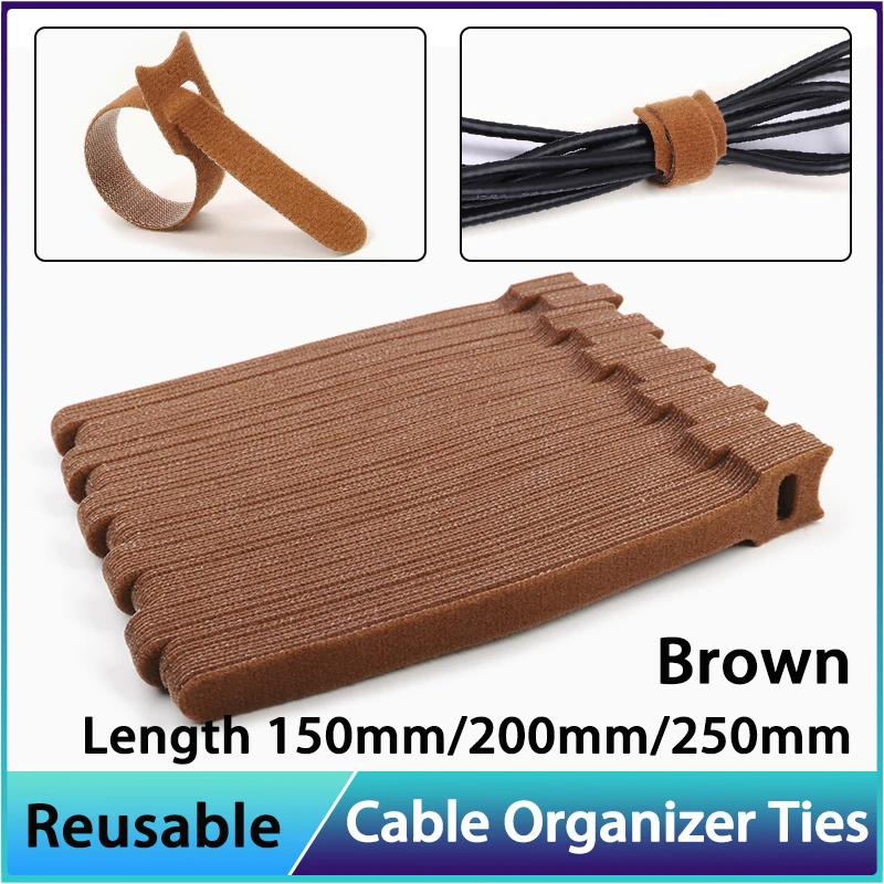 10~500pcs Brown 150 200 250mm Releasable Cable Ties Wire Organizer Plastics Releasable Bundle Fastener Nylon Hook Loop Straps