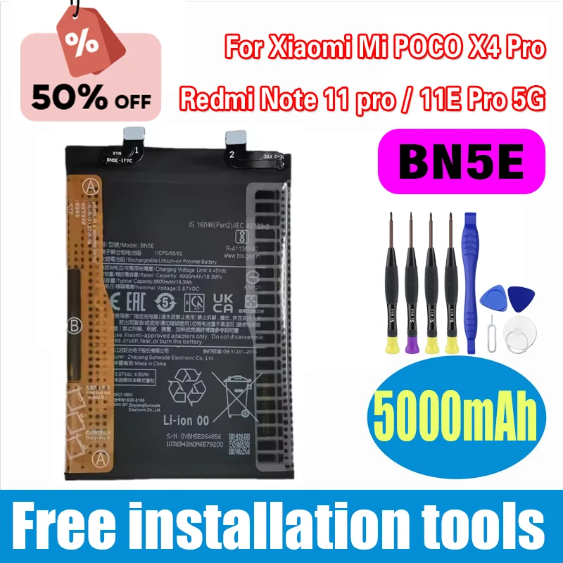 

2025 Years BN5E Battery for Xiaomi Mi POCO X4 Pro Redmi Note 11 Pro / 11E Pro 5G Phone Battery Bateria 5000mAh + Tools