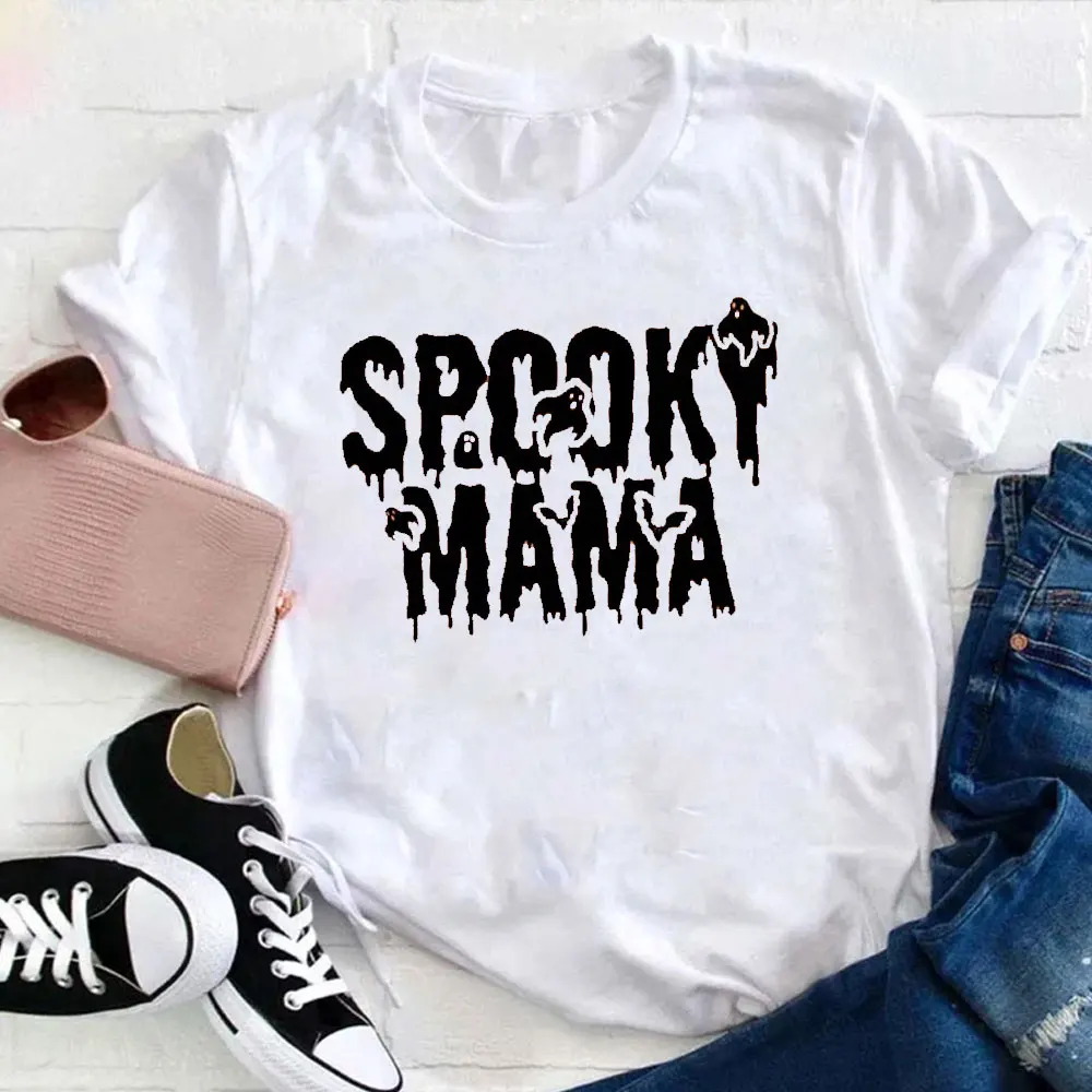 Spooky Mama Halloween Shirt for Mum Mummy Halloween Outfit Funny Mumster T-Shirt Orange Short Sleeve Letter Printing Cotton Tee