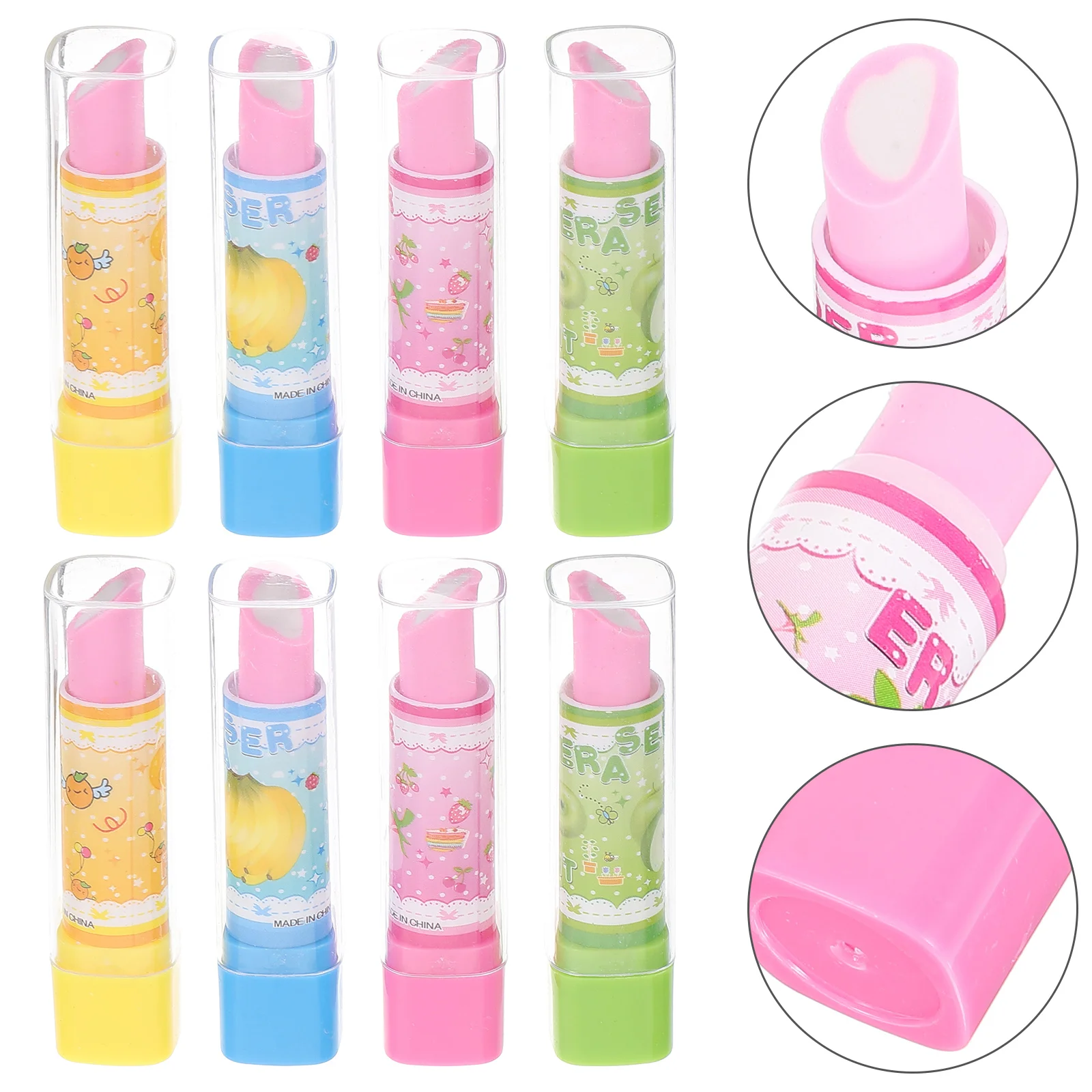 8 Pcs Kids Stationery Lipstick Novelty Eraser Girl Rubbers Erasers for Fruit Pattern Student