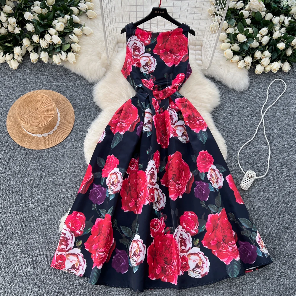 High Quality Sunflower Print Sleeveless Vest Long Dress Elegant Flower Jacquard Draped Slim Ball Gown Party Dress for Women