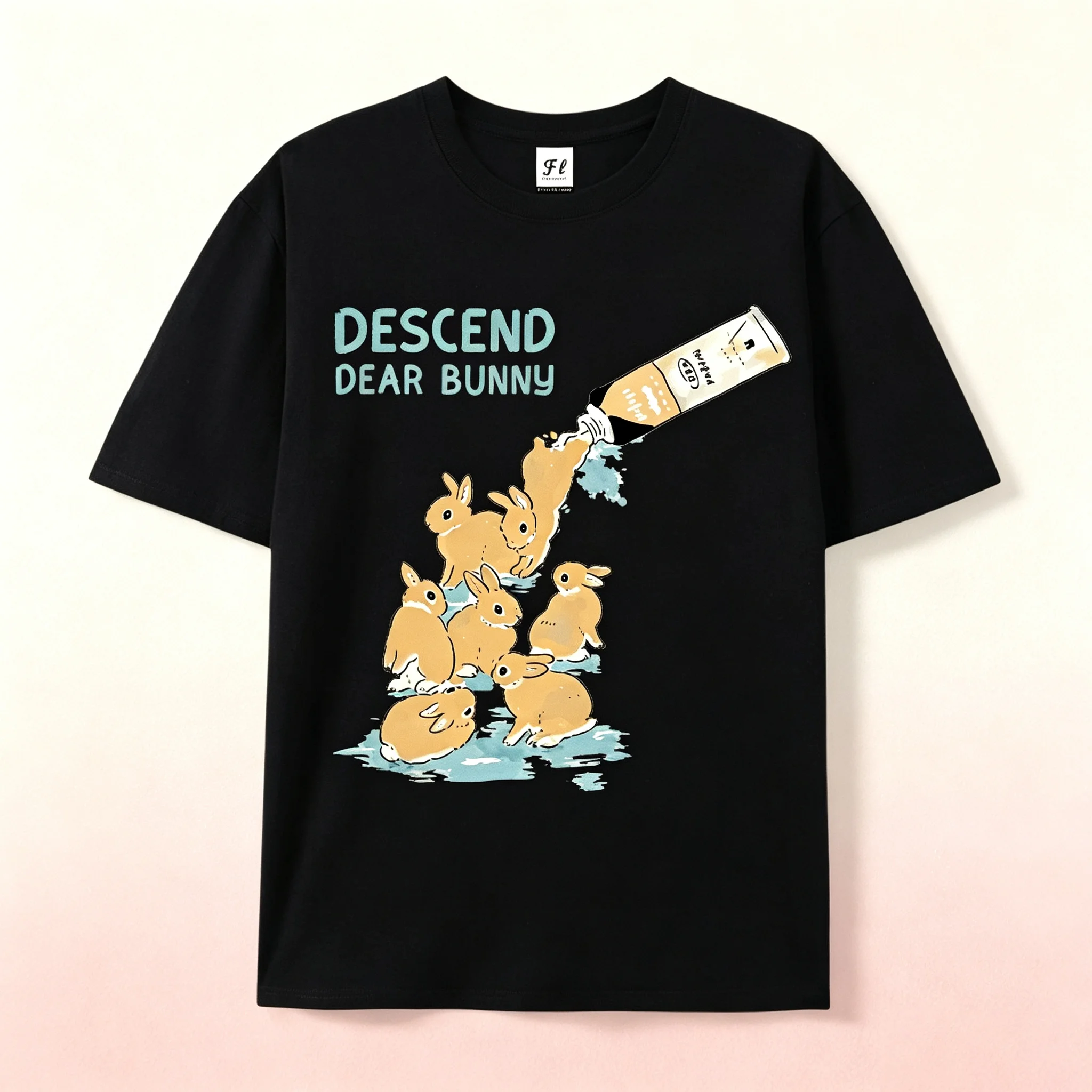 Vintage Bunny Pouring Illustration Print T-Shirt, Fun Humorous Loose Crew Neck Casual Top