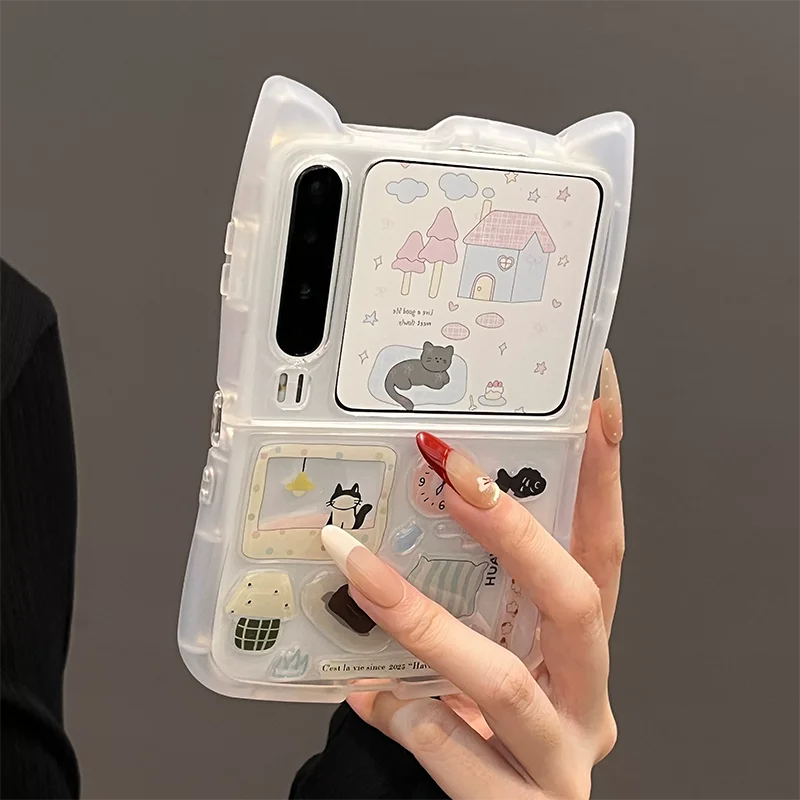 

zflip7 case cute 3d cat ear clear flip phone cases for Samsung z flip7 6 5 4 Xiaomi mix flip soft cover with cartoon stickers