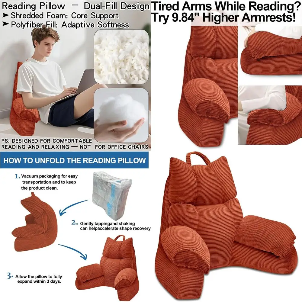 

Подушка для чтения из пены с эффектом памяти с высокими подлокотниками и поддержкой спины для кровати, телевизора, игр или отдыха на полу — ярко-оранжевый, маленький