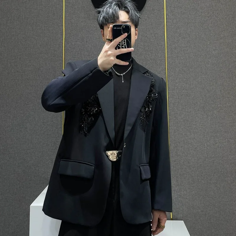 High-end Light Luxury Three-dimensional Embroidered Heavy Sequined Casual Suit Jacket Men Spring Autumn Cool Stylish Suit Trend