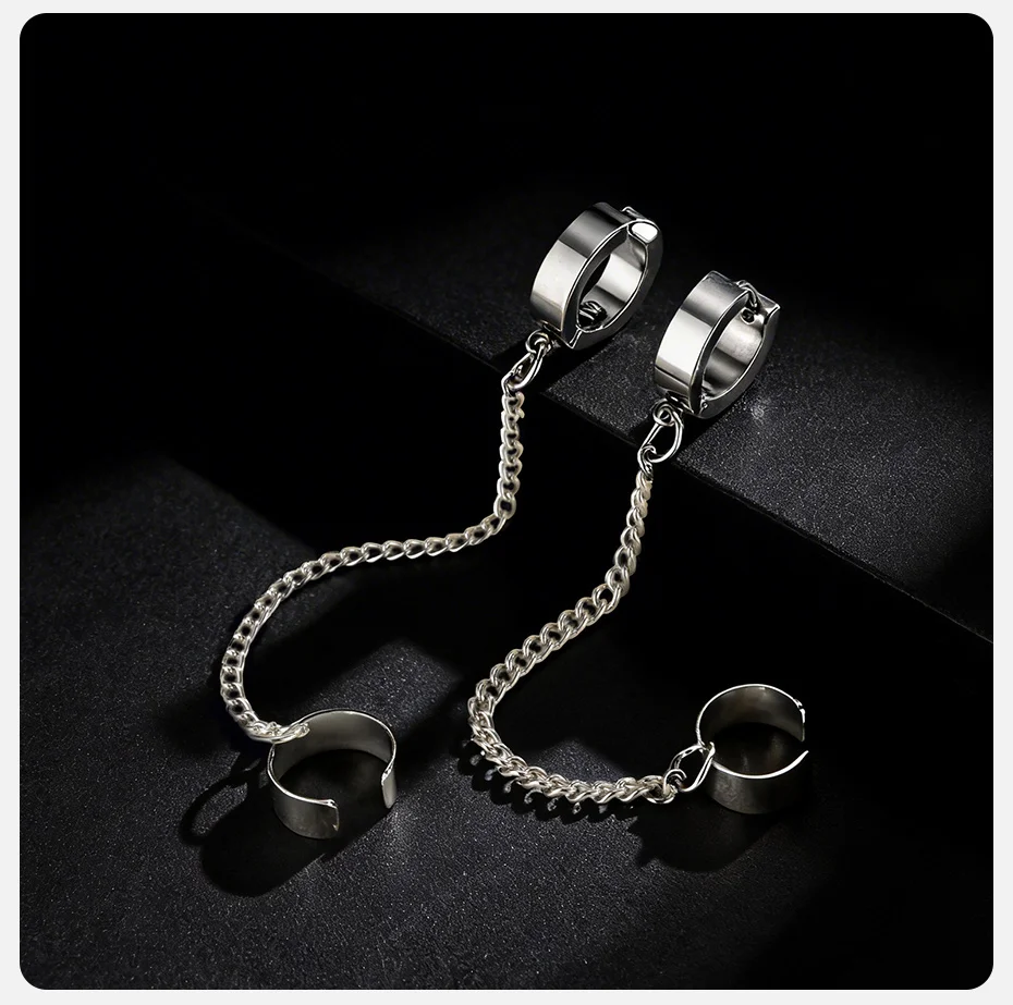 Vnox Edelstahl-Ohrringe mit geometrischer Kette für nicht durchbohrte oder durchstochene Ohren, silberfarbener Clip-On-Ohrmanschettenring, Unisex-Schmuck, neu – Detail 5
