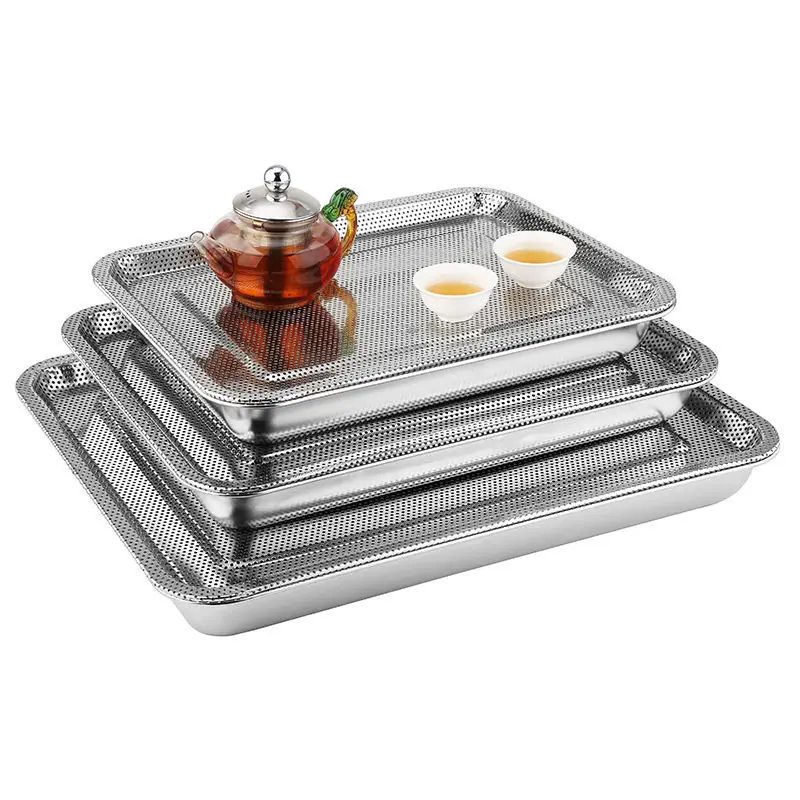 Thickened Stainless Steel Dense Hole Drain Tray Rectangle Frying Oil Filter Pan Fruit Vegetable Storage Dish Kitchen Accessories