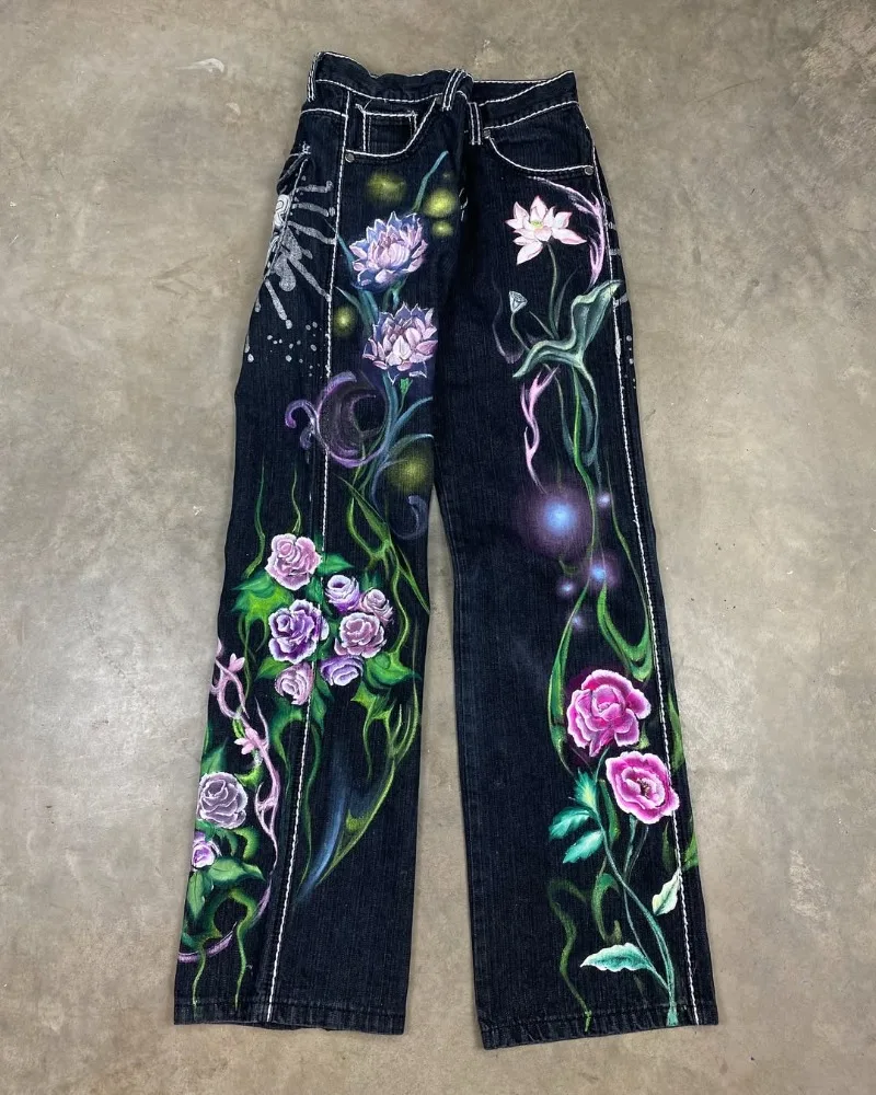 

High Waist Wash Jeans Punk Prints Oversized Wide-leg Pants Men Y2k Casual Fashion Versatile Hip Hop Rock Street Clothing Woman