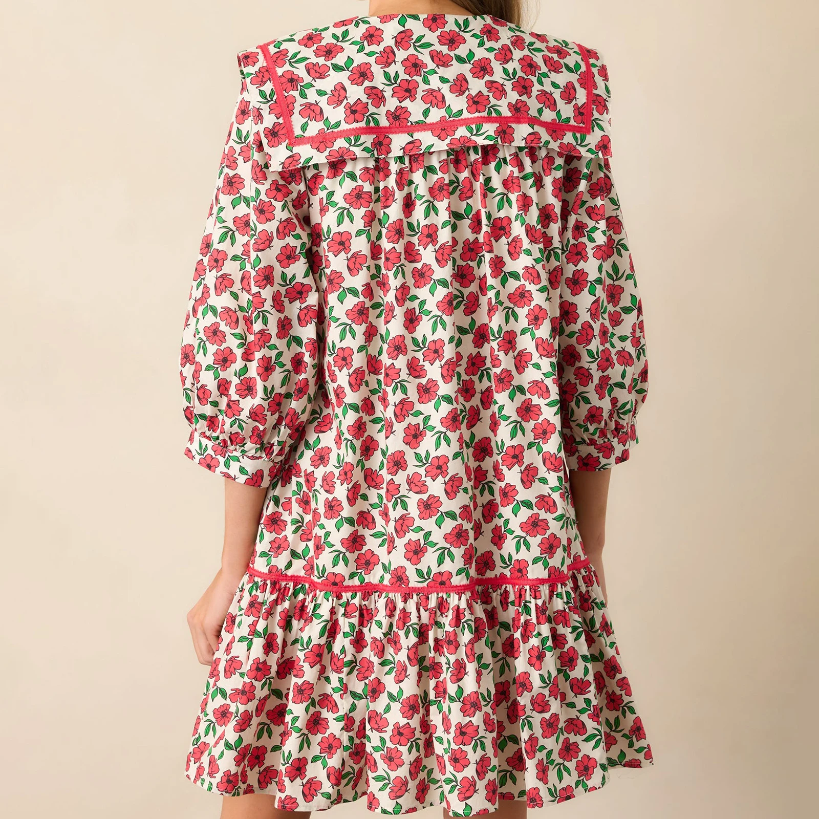 Damska Jesienna Sukienka Boho w Kwiaty Krótka Bufiaste Rękawy Zwiewna Sukienka Babydoll Dekolt V Sukienki Koszulowe z Marszczeniem Sukienka Mini w Stylu Bohemy