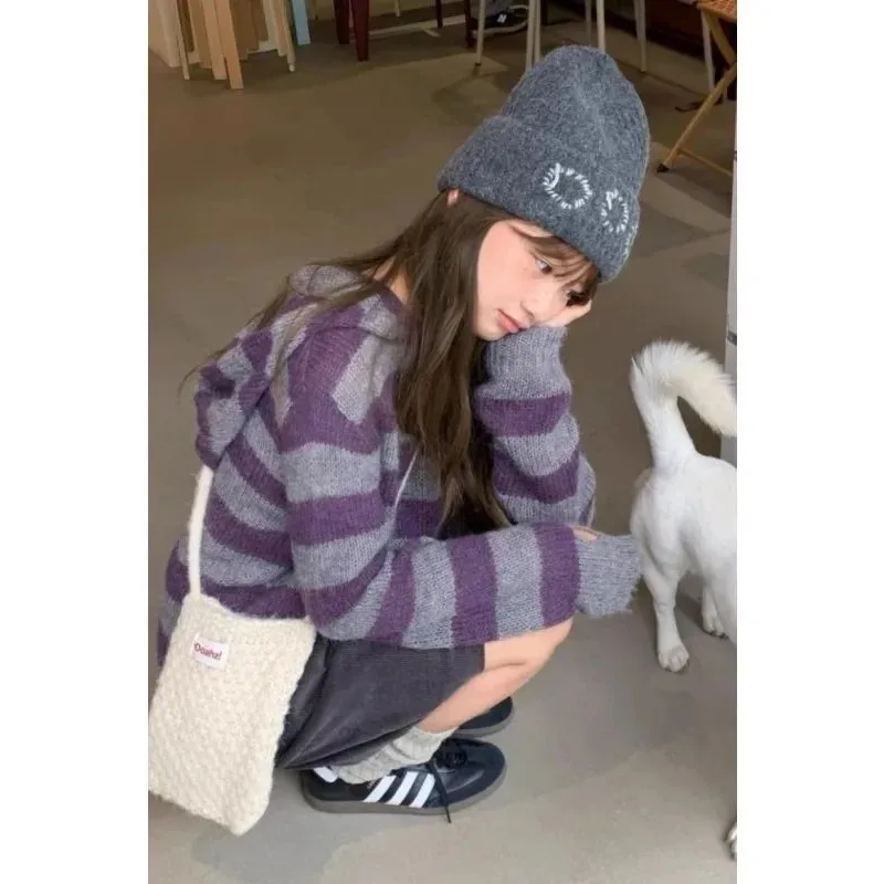 الكورية نمط كسول الراقية مخطط معطف بقلنسوة للنساء الخريف والشتاء 2025 جديد فضفاض محبوك سترة علوية #2