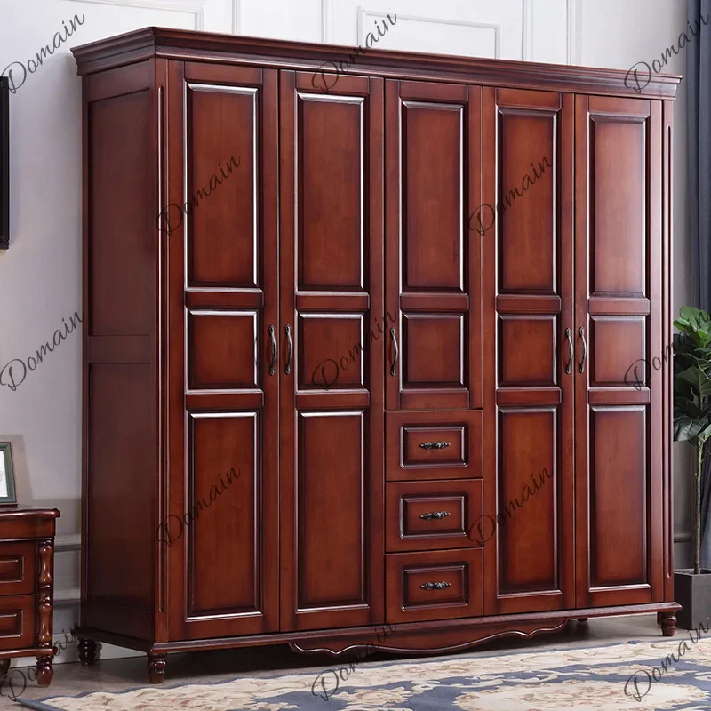 Q yI American large wardrobe, cabinet door, five-door solid wood cabinet, bedroom retro drawer light luxury gray maroon