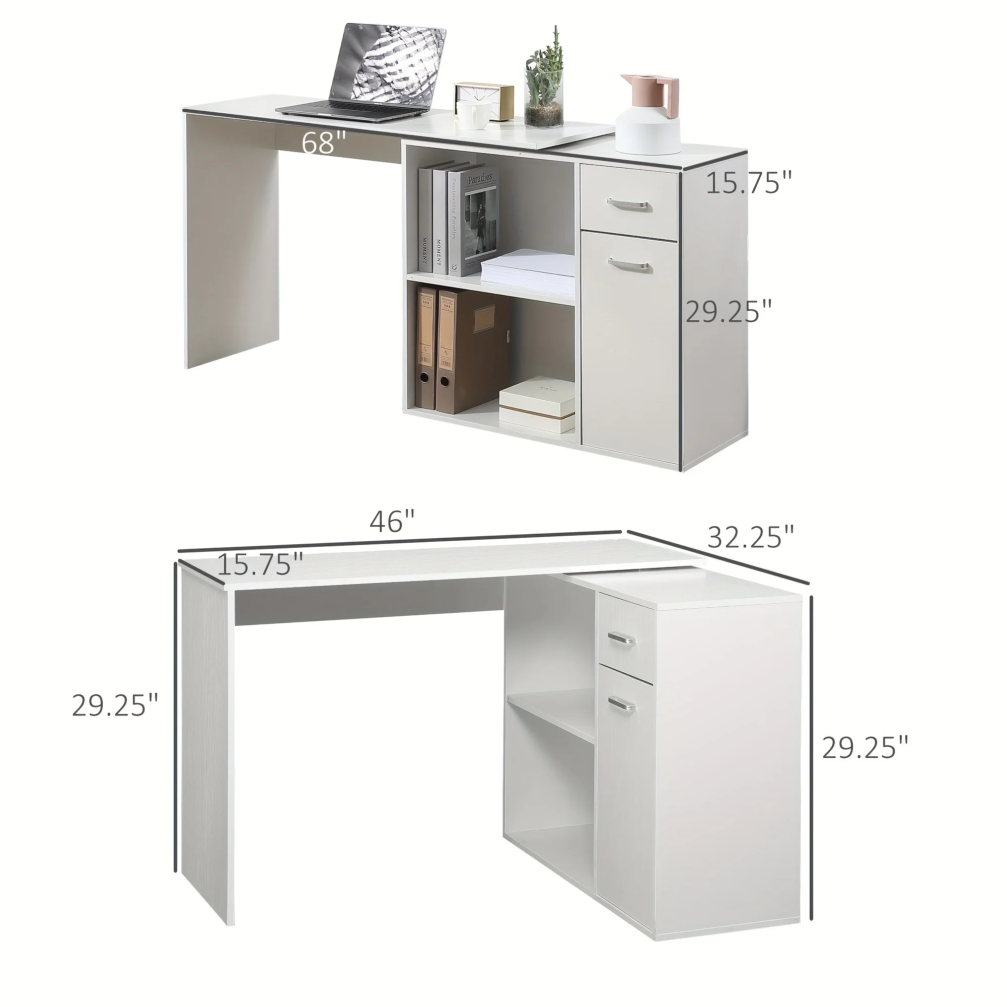 L Shaped Computer Desk, 180° Rotating Corner Desk with Storage Shelves, Drawer and Cabinet, Study Workstation for Home Office