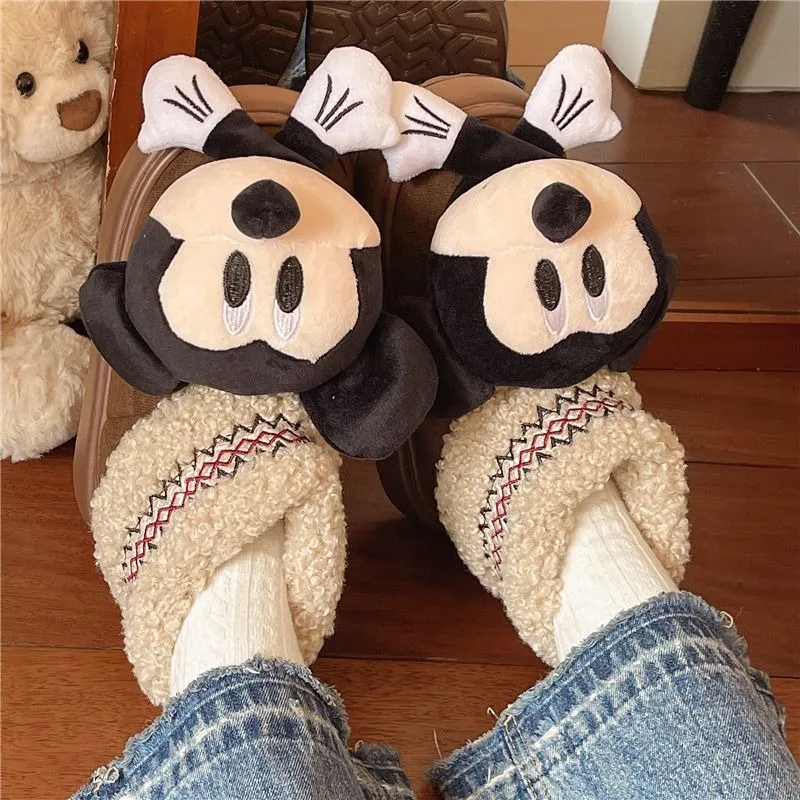 أحذية ديزني كارتونية لطيفة ميكي للثلج للفتيات، أحذية شتوية عصرية بنعل سميك دافئ من القطن، متعددة الاستخدامات ومقاومة للبرد