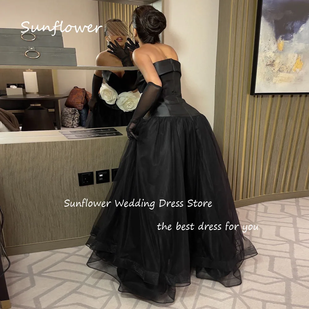 Sunflower Black Strapless Satin 3D Flowers A-LINE Prom dress 2024 Slim Backless Tulle Floor-Length Formal Evening Dress