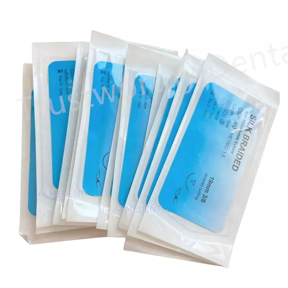 50Pcs Suture Dental Silk Sutures Braided Reverse Needle Train Blue 3/0 4/0 5/0