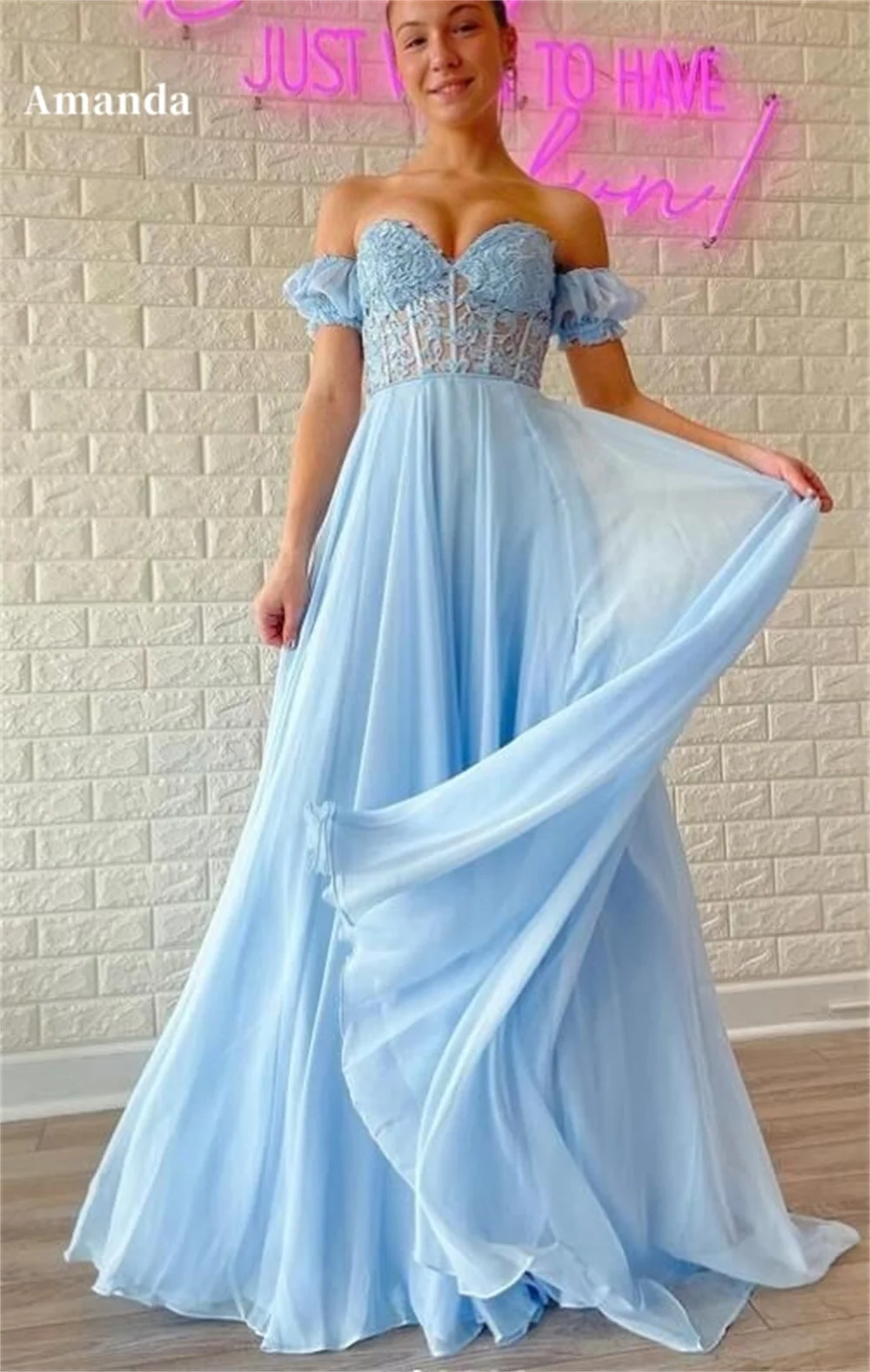 

Amanda Lace Embroidery vestidos de noche Off the Shoulder A-line Prom Dresses Elegant Sleeveless Floor-Length Formal Evening