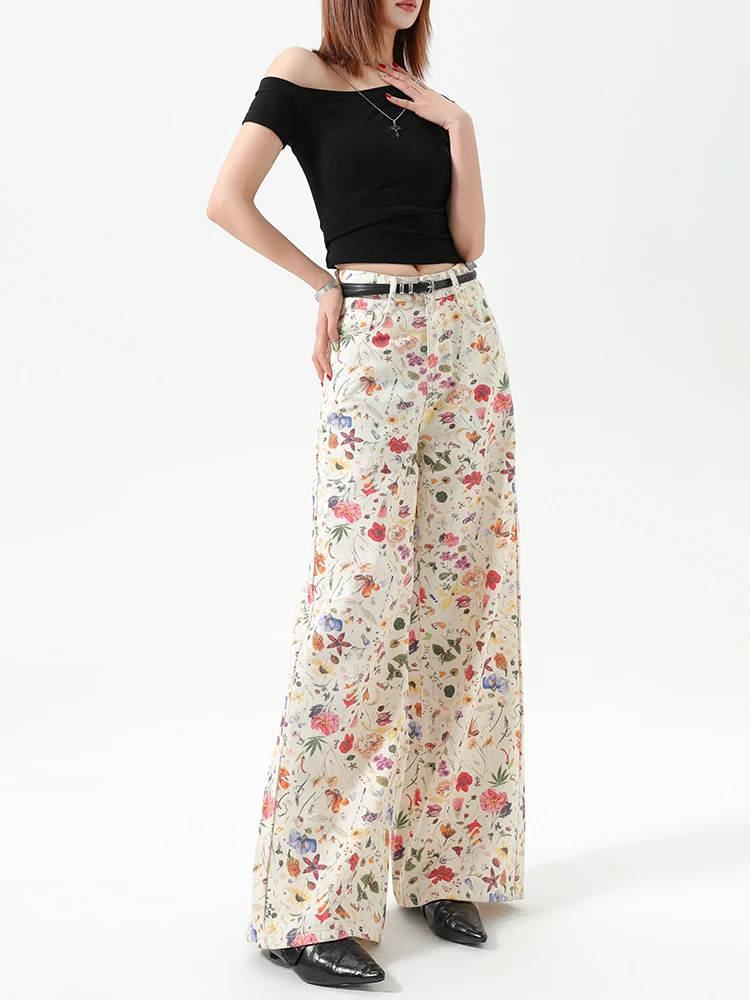 

Colorful printed denim jeans women's summer new style stylish high waist loose fit slimming straight leg wide leg pants