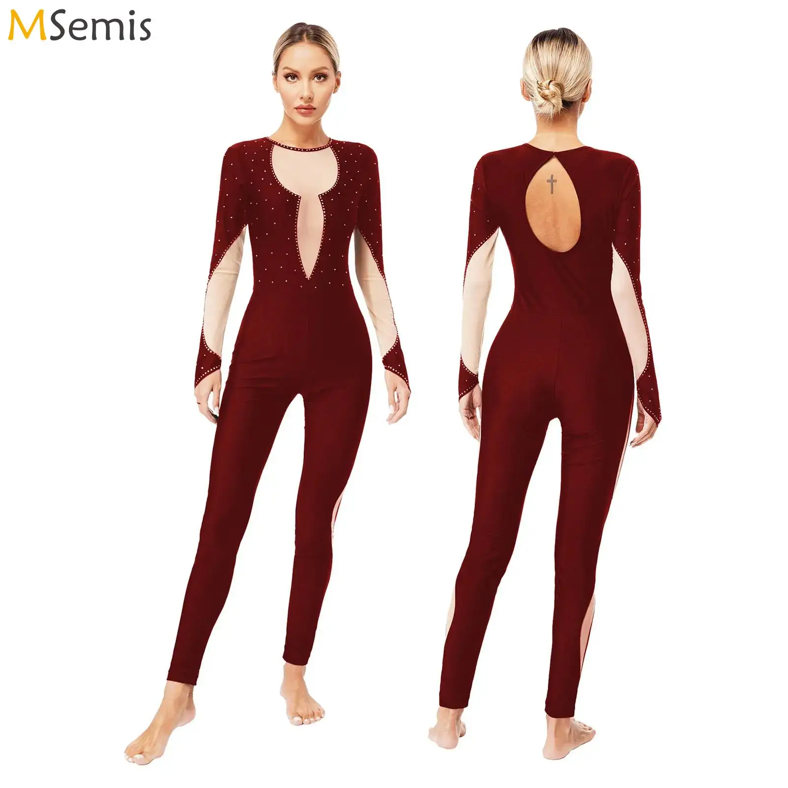 Women's Rhinestones Gymnastics Jumpsuit Long Sleeve Full Body Leotards Unitards Ballet Figure Skating Dance Performance Costume