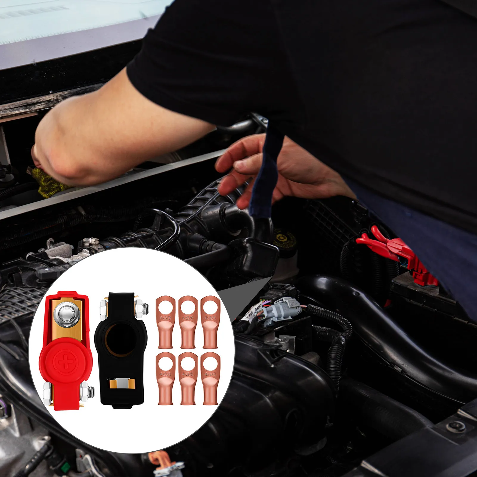 

1Set Car Battery Terminal Brass Connector Pole Clamp Safe Use Waterproof Cover Positive Negative Identification Battery Cable
